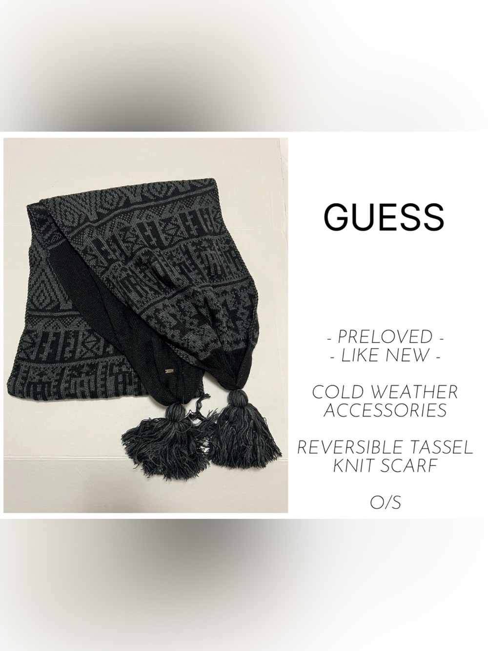GUESS - PRELOVED LIKE NEW - BLACK / GREY REVERSIBLE TASSEL KNIT SCARF